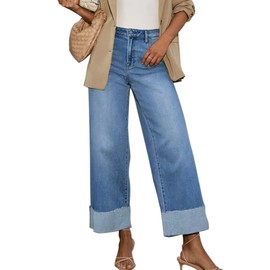 Jyutia Women's High Waisted Baggy Straight Leg Jeans Stretch Distressed Frayed Hem Boyfriend Cuffed Jeans Trendy 2025 Mid Blue