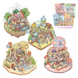 4Pcs DIY 3D Fun Mini House Cartoon Scene Sticker Sets-Ramophone of musi,Magic Polaroid，Mocha Pot Park，Sky Tree House. Sticker Set Funny Cartoon Scene Stickers for Relief Stress Pass The Time