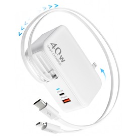 4-in-1 Retractable Gan Wall Charger Plug,Travel Essentials Brick Multiport USB Ports,3ft Lightening and Type C Cables,40W Multi Fast Charging Foldable Block for iPhone 16/15/14/13,iPad,Galaxy,Pixel