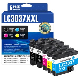 LC3037 XXL Ink Cartridge (5-Pack) Super High-Yield Replacement for Brother LC3037XXL LC3037 XXL LC3037BK Ink Cartridge Compatible with MFC-J5845DW MFC-J6945DW MFC-J6545DW MFC-J5945DW Printers