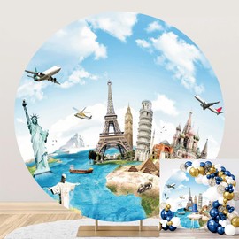 TTQYFNM 6.5x6.5ft Around The World Round Backdrop Cover Globe Travel Famous Landmark Earth Map Worldwide Vacation Photography Background for Wedding Honeymoon Kids Adult Portrait Photo Studio Props