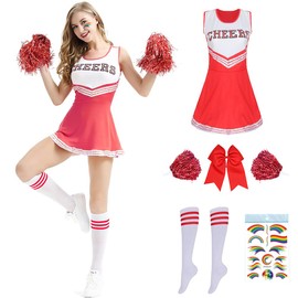Cheerleader Costume Women for Adults, Cheerleading Outfit, Cheerleading Outfit, High School Musical Cheerleader Costume, Cheerleader Pompoms for Fancy Dress, Carnival, Party, Cosplay, Fancy Dress,