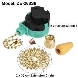 sourcing map Pull Chain Switch 3 Speed 4 Wire Replacement ZE-268S6 with Extension Chain for Ceiling Fan Lamp Light Green Gold Set of 2