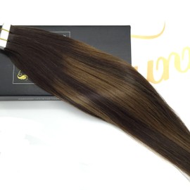 Sunny Brown Tape in Hair Extensions Human Hair Balayage Darkest Brown Ombre Light Brown Tape ins Extensions Brown Human Hair 16inch 20pcs 50g Tape in Human Hair Extensions Silky Straight