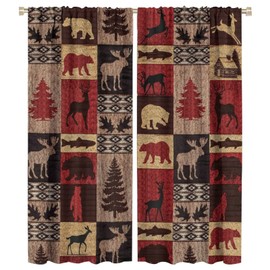 Kazynee Vintage Check Black Bear Rod Pocket Blackout Curtains for Bedroom - Rustic Country Farmhouse Cabin Elk Tree Plaid Window Drapes,Thermal Insulated Room Darkening Curtains 2 Panels 54L x 21W