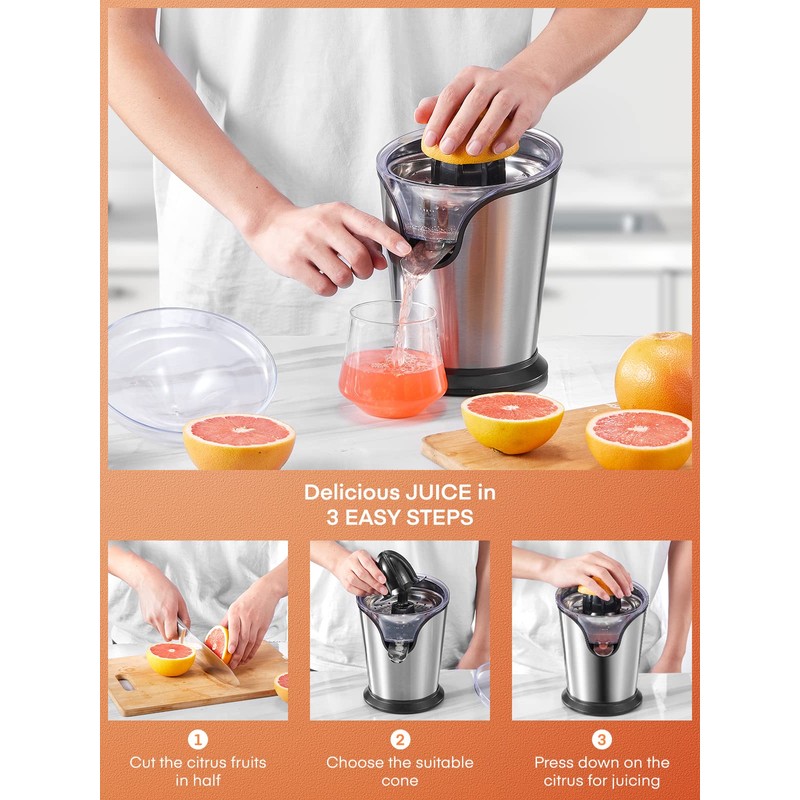 FOHERE Orange Juicer Squeezer Electric Citrus Juicer with Two Interchangeable