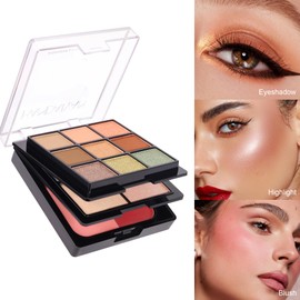 Multifunction Makeup Palette – 9 Eyeshadows, Peach Blush Shades & Shimmery Highlighters, 3-in-1 Portable Makeup Set for Everyday & Travel (# 02)