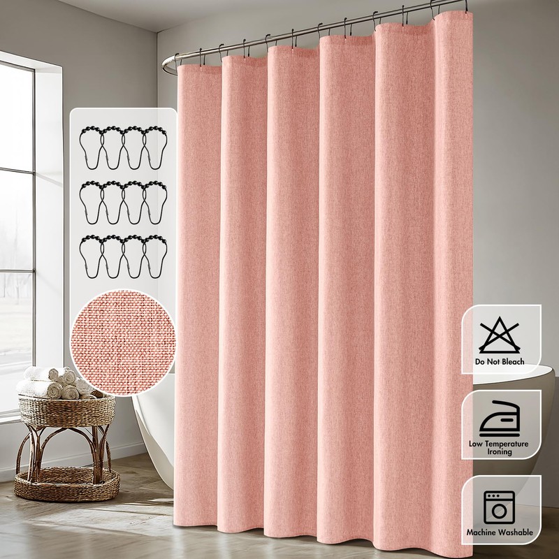ANRODUO Blush Pink Extra Long Linen Shower Curtain, 84 Inch