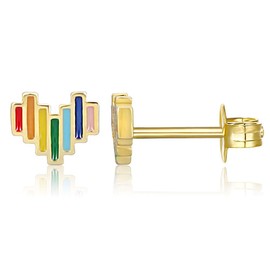 AoedeJ 14K Gold Plated Heart Stud Earrings Sterling Silver Girls Earrings Rainbow Heart Small Stud Earrings for Women, Sterling Silver