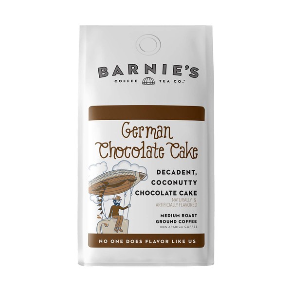 BARNIE'S COFFEE TEA CO. German Chocolate Cake Ground Coffee with Decadent Coconut, Chocolate and Hazelnut Cake Flavor, Medium Roasted Arabica Coffee Beans, 12 oz Bag, 1 Count (Pack of 1) (54105)