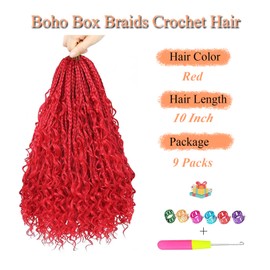 9 Packs Goddess Box Braids Crochet Hair 10 Inch Pre Looped Boho Box Braids Crochet Hair With Curly Ends Synthetic Bohemian Hair For Women (10 Inch, Red)