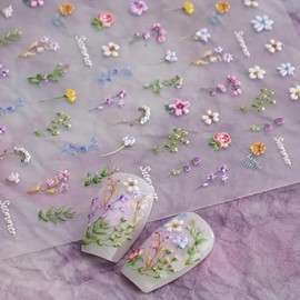 Stickers de uñas con flores para arte de uñas - Pegatinas de flores para uñas de verano, hojas florales, planta 5D en relieve, calcomanías de uñas autoadhesivas, suministro para manicura, deslizadores