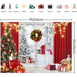 2.1 x 1.5 m Photo Background Christmas Window Winter Snow Scene Christmas Tree Photography Background Family Children Portrait Photo Shooting Holiday New Year Party Decorations Banner Photo Booth