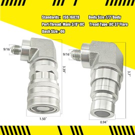 90 Degree Flat Face Hydraulic Quick Connect Coupler Set for Skid Steer, Heavy-Duty Carbon Steel Fittings with Elbow 3/8" JIC Male Thread and Dust Cap