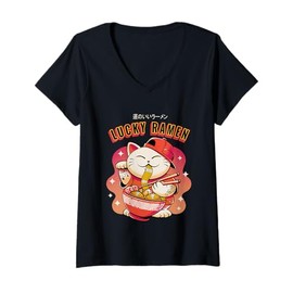 Womens Lucky Ramen Cat - Japanese Culture and Food Design V-Neck T-Shirt