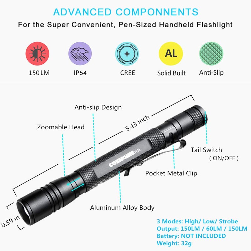 LED Pen Flashlight (3 Pack), Zoomable Head, COSMOING 3 Mode
