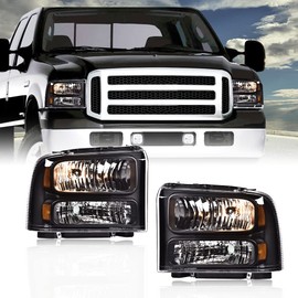 PIT66 Headlights, Compatible with 99-04 Ford F250 F350 F450 F550 Super Duty/00-04 Ford Excursion Clear lens Black Housing Amber Reflector with Harness