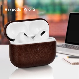 YAODLE Case Compatible with Airpods Pro 2, Protective Case, Genuine TPU + PU Leather Case, with Carabiner, Anti-Fingerprint, Anti-Abrasion (Brown)