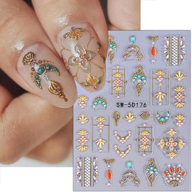 2Sheets 5D Moon Star Flower Nail Art Stickers Bohemian Style Bronzing Gold Heart Star Sun Gem Line Pattern Self-Adhesive Nail Decal Love Slider DIY Manicure Decoration Nail Supplies for Women