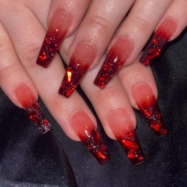 Rchovsam xl Red Nails Press Ons Long Coffin Press on Nails Summer Red Full Diamond Design False Nails Full Cover Acrylic Fake Nails Gift for Women 24pcs