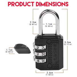 RESET-071 3 Digit Small Combination Lock Tiny Padlock for Mini Locker, Travel Padock, Diary, Box,Luggage, Suitcase, Backpack, Black
