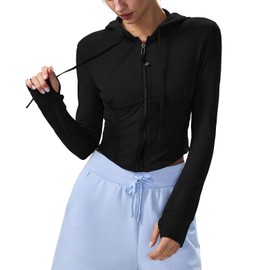 altiland Workout Corset Full Zip Jacket for Women - Hooded Athletic Running Yoga Crop Top(Black,S)
