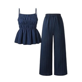 RoseSeek Girl's Two Piece Cute Outfit Layered Ruched Ruffle Cami Top Wide Leg Pleated Pants Set Going Out Outfis Blue 15Y