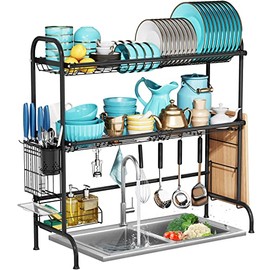 Over The Sink Dish Drying Rack,MOUKABAL Over Sink Dish Drying Rack with 2 Tier Utensil Holder,Large Stainless Steel Dish Racks for Kitchen Counter(2 Tier Black)