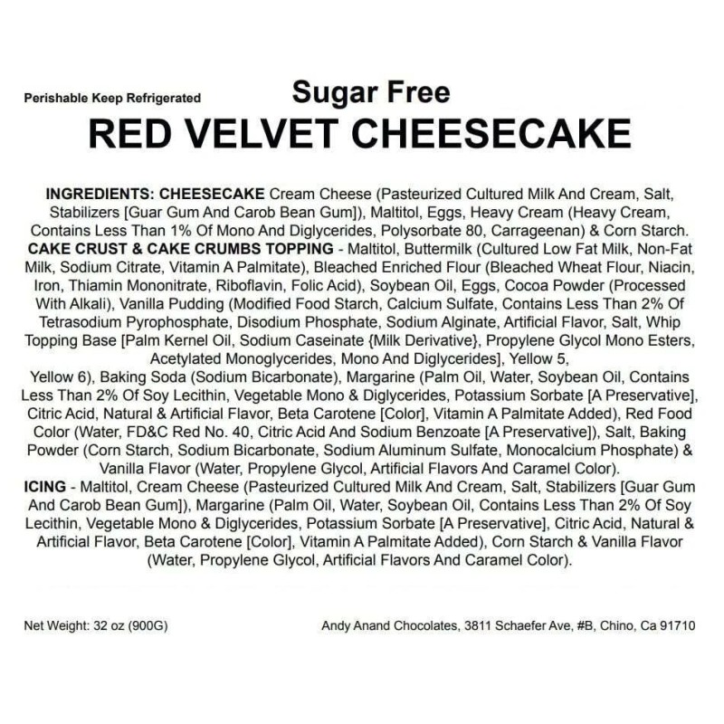 Andy Anand Sugar-Free Red Velvet Cheesecake 9" (2 lbs), Shipped