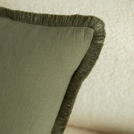 Mandioo Set of 2 Neutral Cotton Fringe Cushion Covers 50x50 cm 20x20 inch Decorative Boho Farmhouse Throw Pillowcase Cozy Tassels for Couch Sofa Bedroom Living Room Home Decor Olive Green