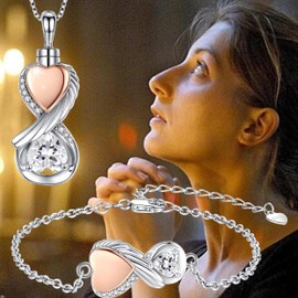 Infinity Cremation Urn Necklace for Ashes for Women, Sterling Silver Wing Heart Cremation Jewelry That Hold Human or Pet's Ashes, Rose Gold Keepsake Pendant Memorial Gifts for Loved Ones.