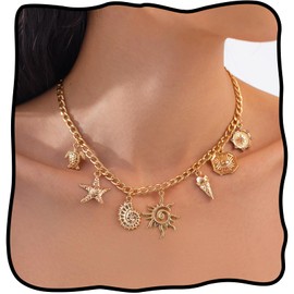 Hermoli Gold Plated Beach Theme Charm Necklace, Adjustable Chain with Sea Life Pendants, Nautical Summer Jewelry