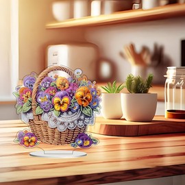 DIY Tabletop Diamond Art Kit for Adult – 5D Gem Painting Art Desktop Ornament with Special Shaped Rhinestones, Acrylic Stand-Up Gem Craft for Home Décor & Gift Idea (Flower Basket)