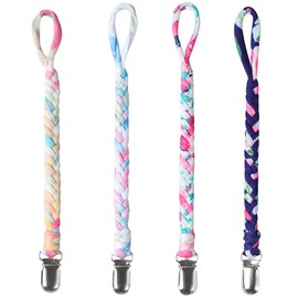 Onwon 4 Pieces Pacifier Clips for Infant Boys and Girls Universal Pacifier Holder Hand-Made Braided Soothie Leash for All Pacifiers Teething Drool Bibs (Gray, Yellow, White, Blue)