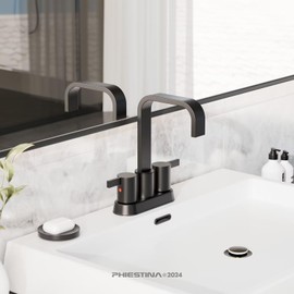 Phiestina Matte Black 4 Inch 2 Handles Centerset Bathroom Sink Faucet,2 or 3 Holes Waterfall Bathroom Faucet with 360 Swivel Spout,Metal Pop-Up Drain and Water Supply Lines, BF040B-1-MB
