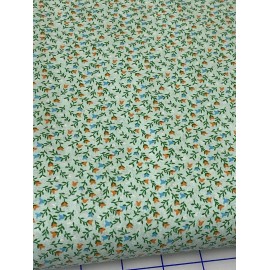 Studio Country Calico Soft Mint  w  small Coral & Blue flowers cotton Fabric per yard