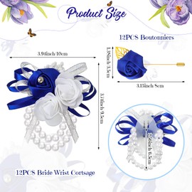 Tigeen 24 Pcs Wrist Corsage and Men's Boutonniere Set for Wedding Wristlet Corsage Hand Flower for Mother of Bride, Bridal, Bridesmaid Suit Decorations (Royal Blue)