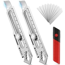 BIBURY Paquete de 2 Cuchillos Utilitarios Multiusos, Cortador de Caja Retráctil de Acero Inoxidable Completo de Alta Resistencia con 10 Cuchillas Reemplazables (18mm de Ancho), Cuchillo de Afeitar