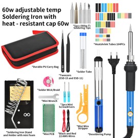 Soldering Iron Kit - 60W Welding Tools with Adjustable Temp 200-450°C - Soldering Iron Set with 5 Soldering Tips, Desoldering Pump, Solder Wire, Wire Stripper Cutter, Stand, Tool Case