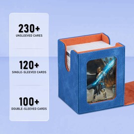 MTG Card Deck Box for Commander Display,Playing Card Case Fits 100+ Double Sleeved Cards, Trading Card Storage Box for TCG/CCG/Magic/EDH with 2 Dividers (Blue&Orange)