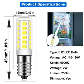 TZHILAN E12 LED Fridge Water Dispenser Light Bulb 2W(15W Replacement), 120V T5 Tubular Appliance Bulb for Chandeliers Home Lighting Refrigerator, Dryer Drum Light Daylight White 6000K, 2-Pack