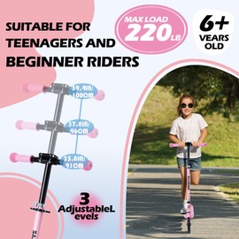 Kick Scooter for Kids Ages 6+, Teens & Adults, Adjustable Handlebars, Rear Brake, Big Wheel Foldable Scooter for Indoor & Outdoor
