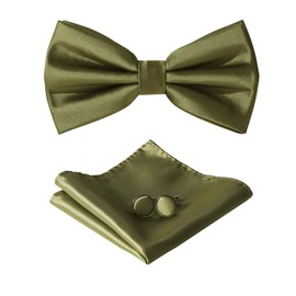 HOULIFE Men's Bow Tie Set - Adjustable Satin Polyester Bow Tie, Pre-Tied Bow Tie, Plain Pocket Square, Cufflinks Set for Groom Wedding with Gift Box, olive green