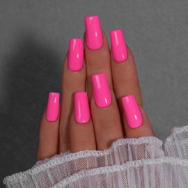 KQueenest Hot Pink Press On Nails Long Square - Summer Press On Nails Medium Coffin, Sheer Bright Neon Pink Fake Nails with Glue, Vibrant Glossy, Reusable Soft Gel Glue on Nails for Women, 24 Pcs