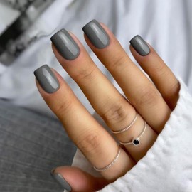 KQueenest Short Press on Nails Square Grey Nails Set, Dark Color Fake Nails Gel Nails Press Ons, Acrylic Nails Short Coffin Small Glue on Nails for Women in 24 Pcs