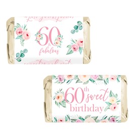 Pink Floral 60th Birthday Mini Candy Bar Wrappers, Pink 60 and Fabulous Birthday Party Favor Labels - 45 Count, Floral Party Favors