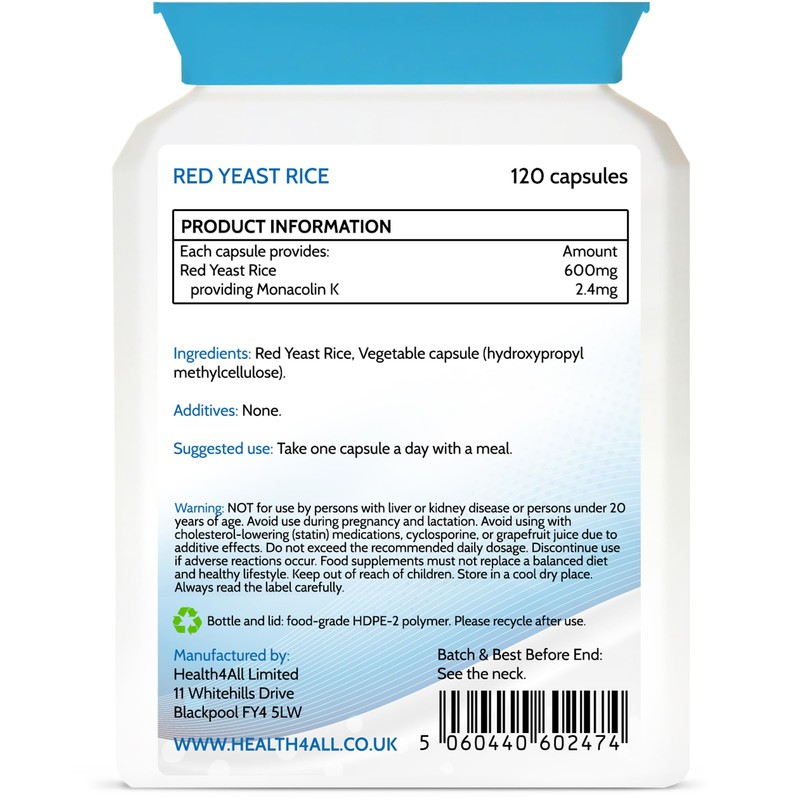 Health4All Red Yeast Rice 600mg per Capsule 120 Capsules, 4