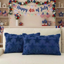 4th of July Stars Dark Blue Patriotic Throw Pillow Covers, 12 x 20 Inch Independence Memorial Day Soft Plush Faux Fur Jacquard Cushion Case Decoration for Sofa Couch Set of 2