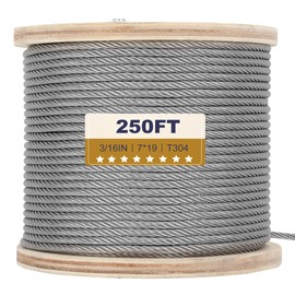 3/16" Stainless Steel Cable, 250ft Wire Rope, 7X19 Strands Aircraft Cable, 3700lbs Breaking Strength, Heavy Duty Applications Zip Line, Cable Railing System, Deck Railing, String Lights & Yard Zipline