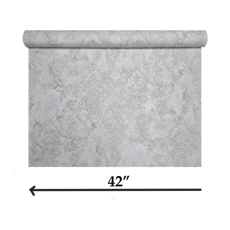 Gray Brass Metallic Distressed Pearl Plaster Textured Victorian Damask Wallpaper
